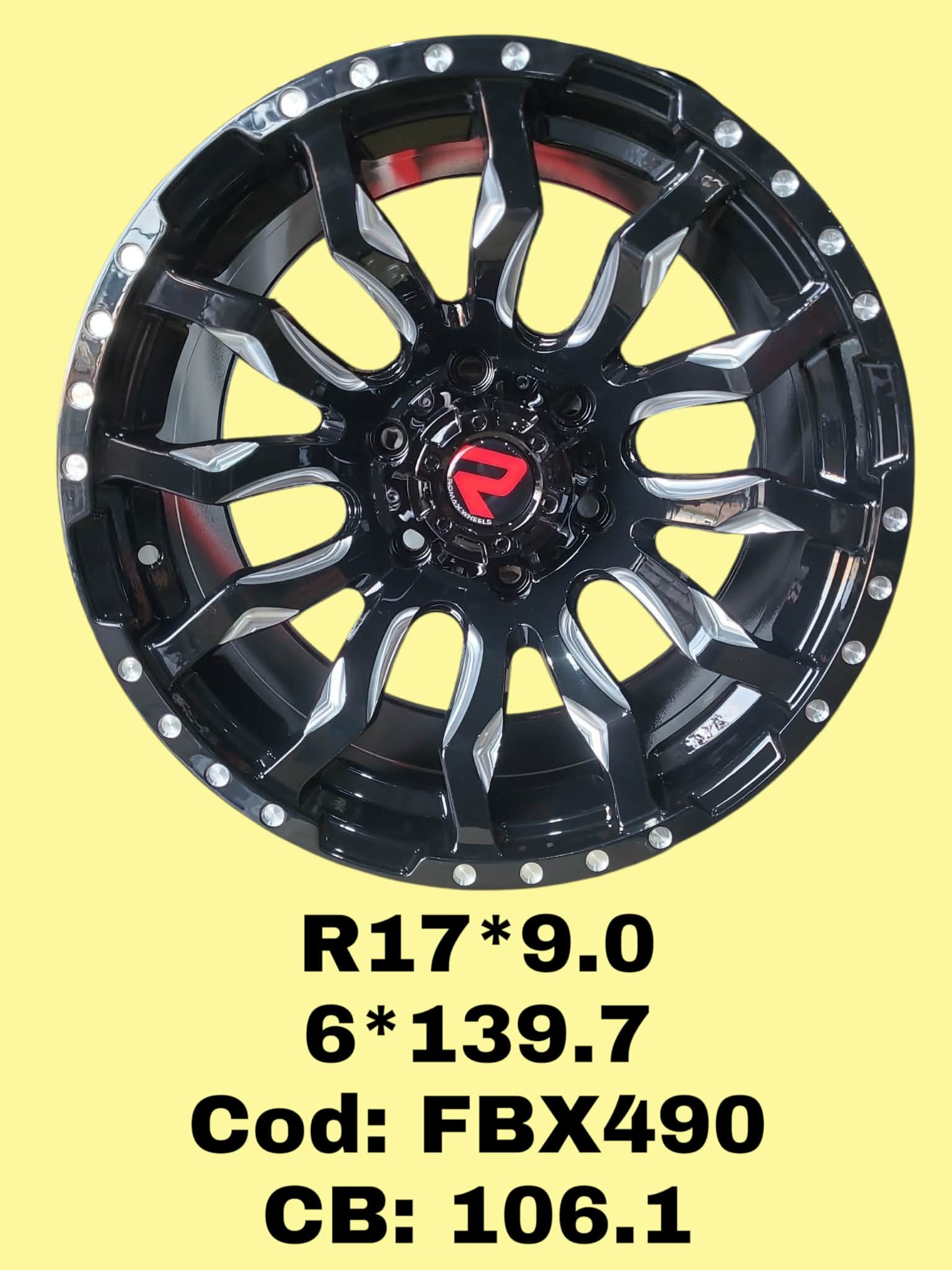 ARO R17 DE ALEACION ROMAX "FBX490" 17*9.0 6*139.7 ET 0 CB 106.1 GLOSS BLCAK MILLIMNG WINDOWS
