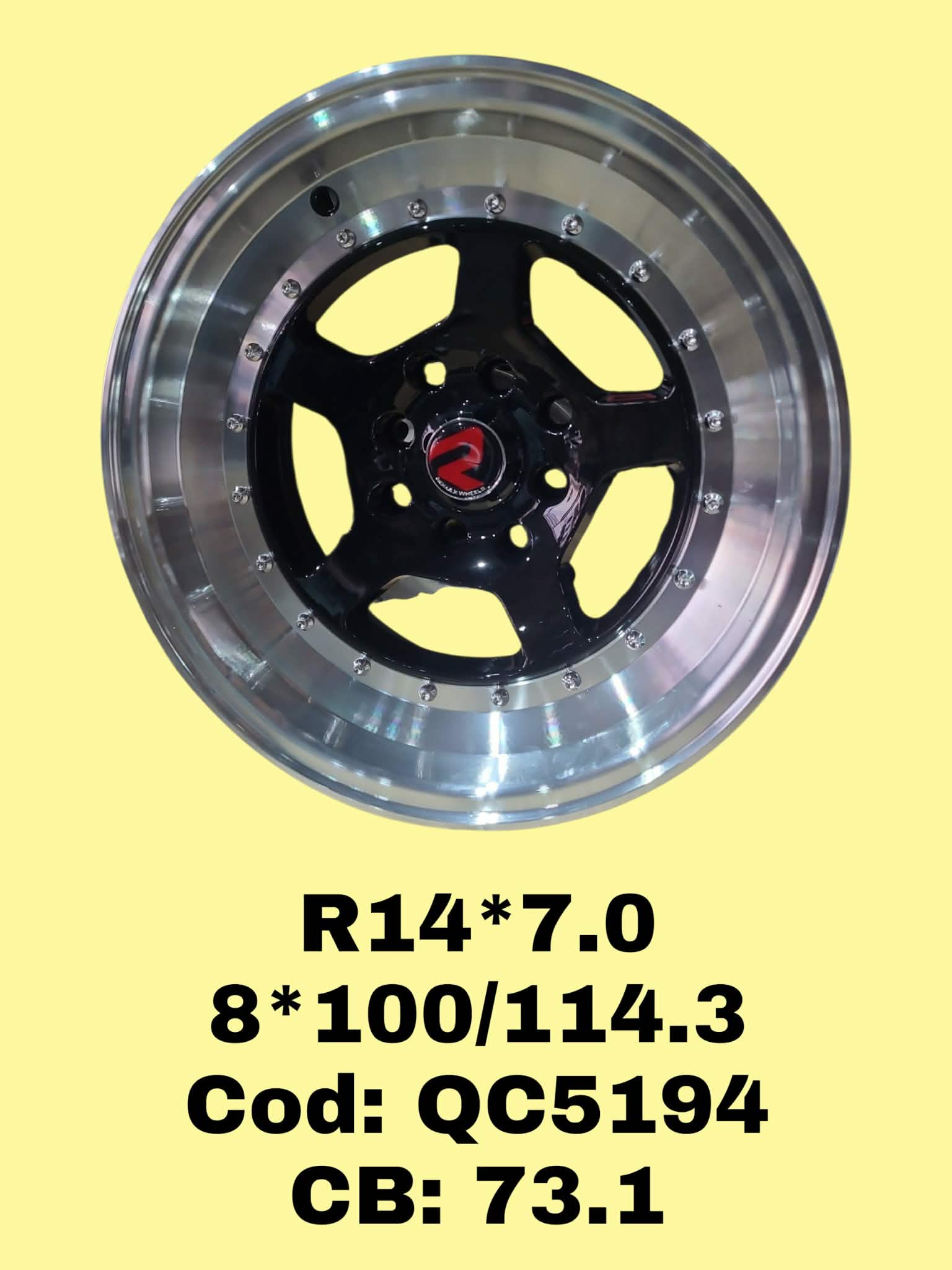 ARO R14 DE ALEACION ROMAX "QC5194" 14*7.0 8*100/114.3 ET 0 CB 73.1 BLACK FACE MACHINED LIP CHROME RIVETS