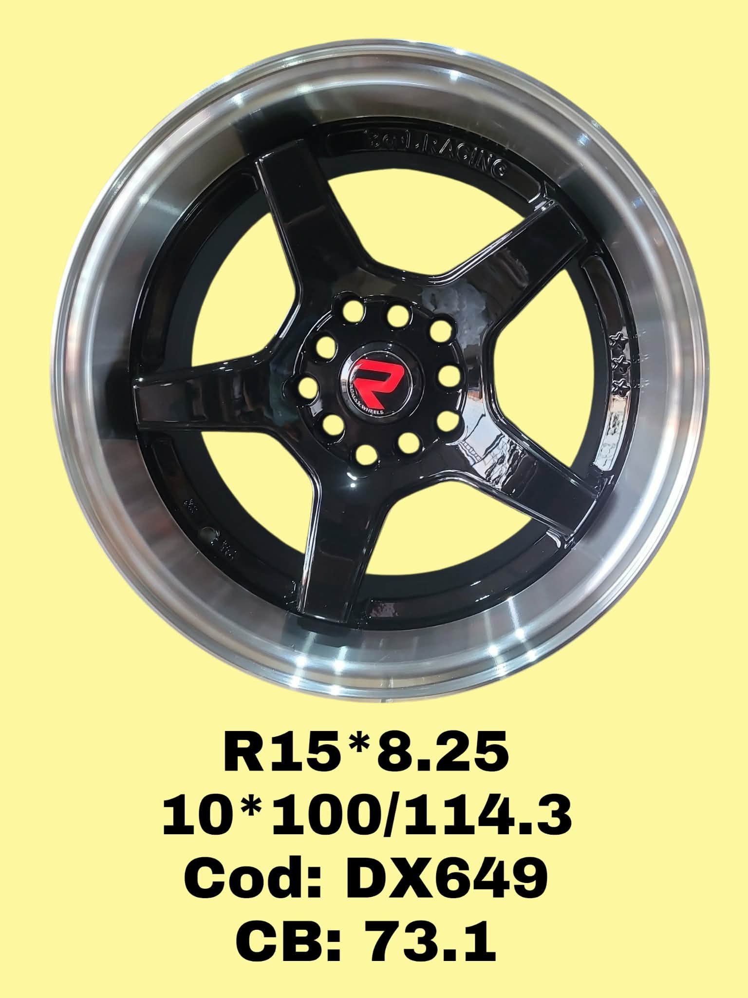 ARO R15 DE ALEACION ROMAX "DX649" 15*8.25 10*100/114.3 ET 15 CB 73.1 BLACK FACE MACHINED LIP